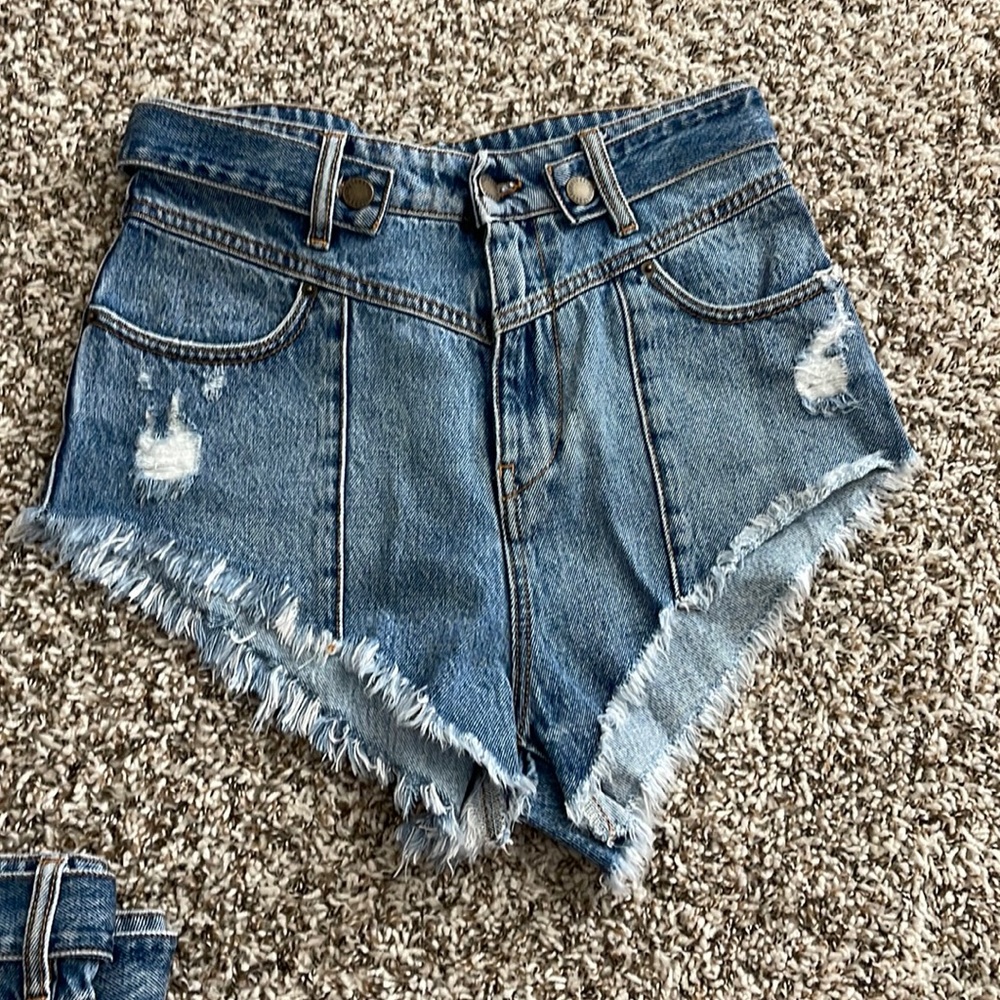 Retrofete Tessa high waisted shorts in medium blue denim, size 27